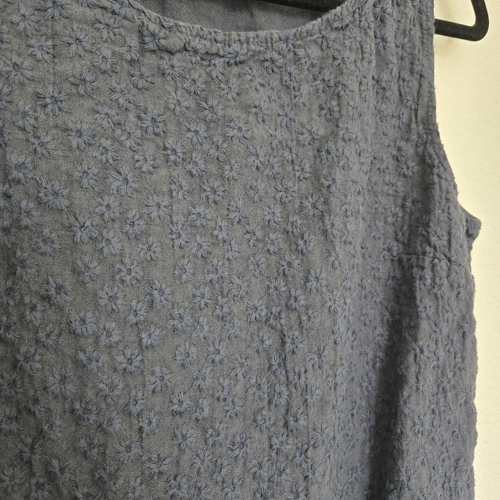 Lina Tomei XL Blue‎ Linen Mini Dress Daisy Floral Embroidery Boxy Cut - Picture 5 of 7